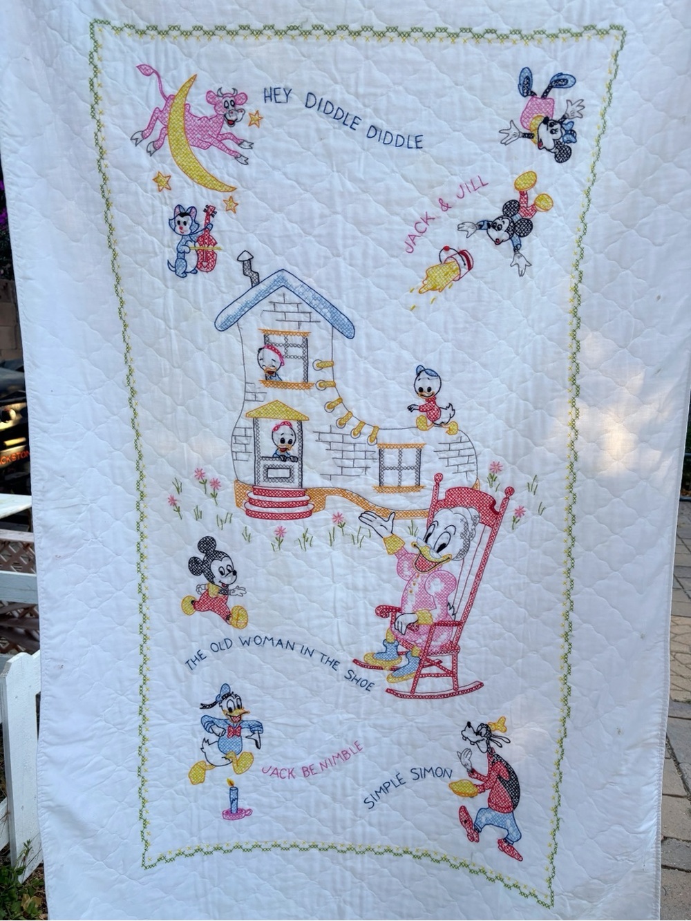 Vintage Disney Cross Stitch Embroidered Crib Quilt Nursery Rhyme Story 60 X 39